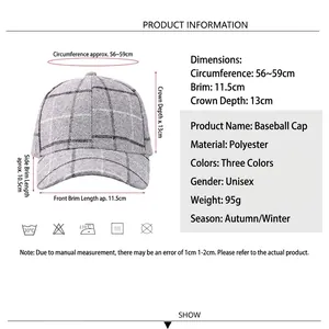 Houndstooth check baseball cap with sizing guide and dimensions for autumn and winter