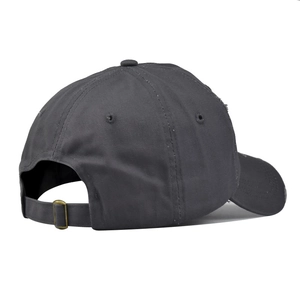 Close-up of vintage dark gray baseball cap showing distressed edge and adjustable metal buckle