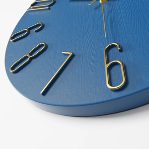Modern 12-inch dark blue wall clock with wood texture dial and gold metal numerals