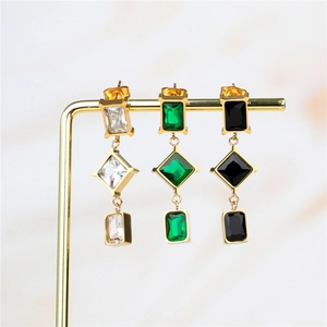 Three-tier geometric drop earrings with rectangle and rhombus crystals in gold finish