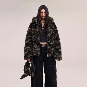 Furry camouflage faux fur oversized hoodie jacket with matching clutch bag and hood