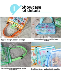 Detail view of children's beach mesh bag with zipper, adjustable strap, and dinosaur prints
