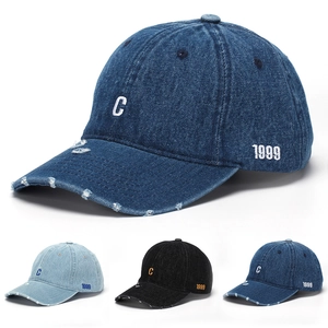 Washed Denim Baseball Cap Distressed Frayed Edge Retro Streetwear Hat Letter Embroidery For Men Women