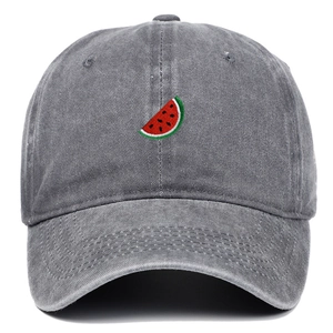 Vintage dark gray washed cotton baseball cap with embroidered watermelon slice design