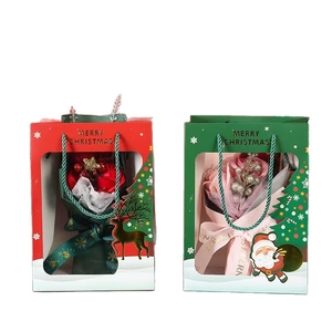Christmas gift bag set with rose bouquet and window design in red and green colors