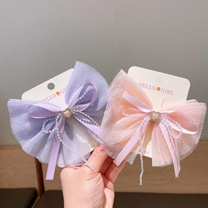 Sweet purple and pink chiffon bow hair clips with heart pearls for girls