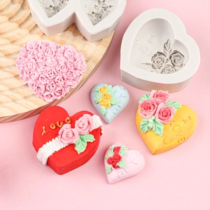3D rose heart silicone mold set for soap and chocolate making with I Love U design