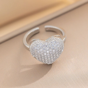 Elegant silver heart ring with sparkling zircon stones and adjustable open band design