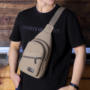 Men's khaki canvas crossbody chest bag with multi-zipper layers for outdoor sports