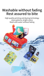 Washable baby tissue box toy featuring water-safe fabric squares and bus design
