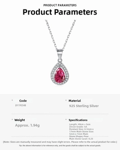 Detail view of S925 silver necklace featuring a pear-cut red zircon and product specs