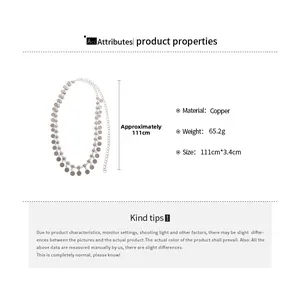 Detail view of silver coin pendant chain belt with copper material specs and 111cm length