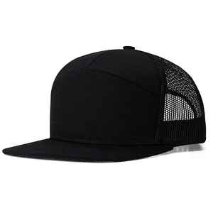 Classic black 7 panel trucker hat with flat brim and breathable mesh back panel