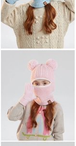 Pink knit balaclava for kids with two fluffy pom-poms and matching gloves set