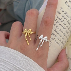 925 Sterling Silver Bowknot Ring Adjustable Open Band Minimalist Ribbon Jewelry For Women