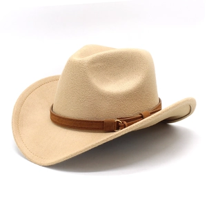 Close-up of beige wool felt western cowboy hat with brown suede belt and gold buckle