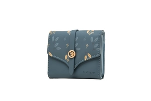 Blue trifold faux leather wallet featuring a gold leaf buckle and printed floral patterns