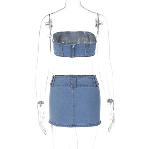 Rear view of light blue denim tube top and bodycon mini skirt set with back zipper detail