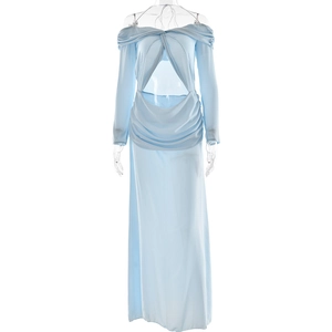 Close-up of light blue off-shoulder maxi dress featuring front knot and cutout details