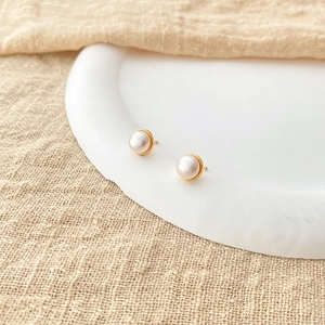 Minimalist freshwater pearl stud earrings with 18K gold plated brass base for women