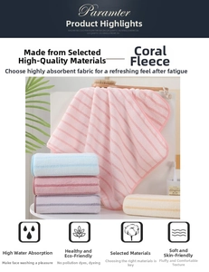 Close-up of stacked coral fleece towels with striped patterns and soft plush texture