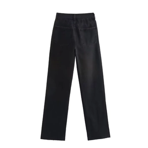 Back view of classic black high waist wide leg denim jeans in a loose straight fit style