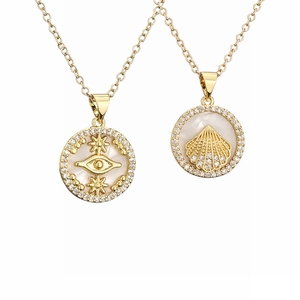 Round Pendant Necklace Copper White Shell Micro Zircon Moon Star Evil Eye For Women