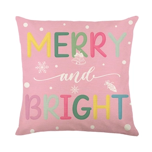 Pink Christmas tree pillowcase with Merry and Bright print on polyester linen fabric