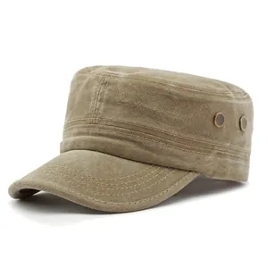 Classic khaki washed cotton flat top military cap with sun protection for men