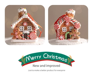 Macro detail of gingerbread house ornament with red ribbons and festive candy decor