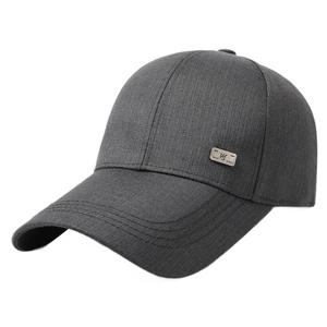 Dark grey men's baseball cap with textured fabric and rectangular metal side plate