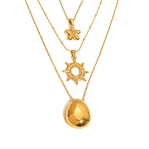 18K Gold Plated Stainless Steel Necklace Waterproof Hypoallergenic Multi Layer Oval Flower Sun Pendants For Women