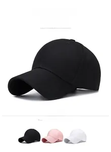 Detailed view of classic six-panel cotton baseball caps in black, pink, and white options