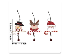 Detailed view of 3-piece wooden Christmas pendants with bells and natural twine hangers