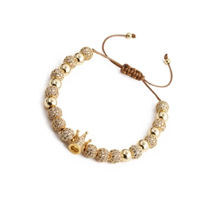 Adjustable golden crown bracelet set featuring Roman numeral beads and pavé zircon stones