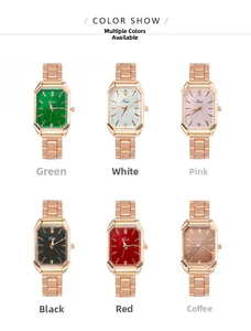 Square dial quartz watch for women with rhinestones and metal link strap in six colors