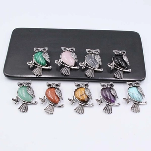 Vintage owl pendants with natural crystals including amethyst, rose quartz and malachite