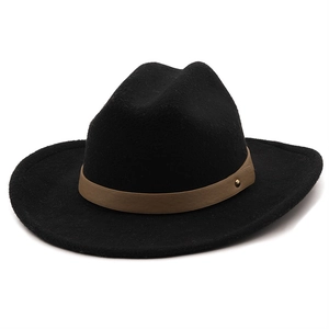 Detail of wide-brim wool fedora with brown leather band and gold rivet accents