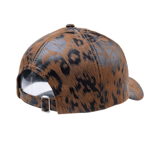 Detailed back view of leopard print baseball cap featuring an adjustable metal buckle