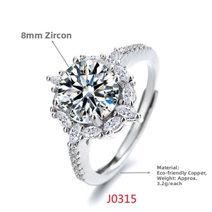 Detail of 8mm round zircon ring with floral cluster setting and adjustable band