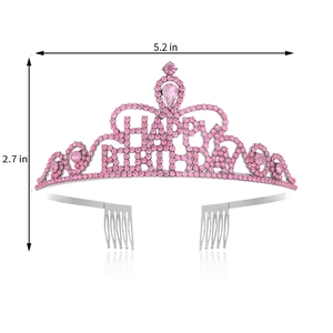 Detail of pink rhinestone Happy Birthday crown with size dimensions 5.2 by 2.7 inches