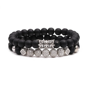 Men's double layer beaded bracelet set with matte black beads and silver zircon pave accents