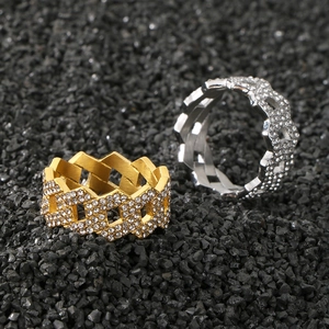 Hip hop rhinestone pavé rhombic link rings in gold and silver finish for men