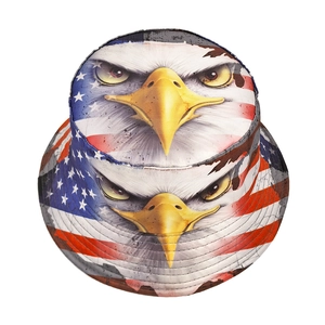 Double-sided bucket hat with eagle and American flag digital print for outdoor sports