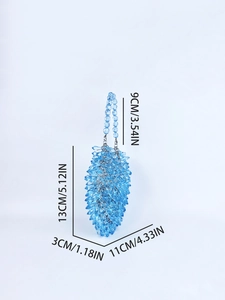 Blue acrylic beaded handbag dimensions with height, width and handle size details
