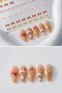 Stickers ongles 3D en relief avec nœuds colorés et oreilles de lapin sur ongle rose