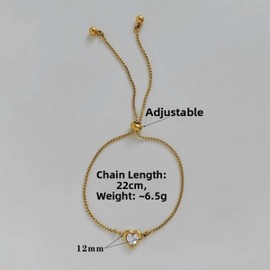 Adjustable golden heart bracelet with zircon inlay and 22cm pull-chain detail view