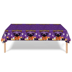 Halloween purple tablecloth featuring black cat pumpkins and bat wings with festive motifs