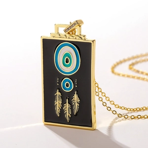 Evil Eye Pendant Necklace Copper Rectangular Enamel Tag With Feather Charms Ethnic Boho Jewelry For Women