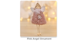 Close-up of plush angel girl doll ornament with pink dress and silver star sequins